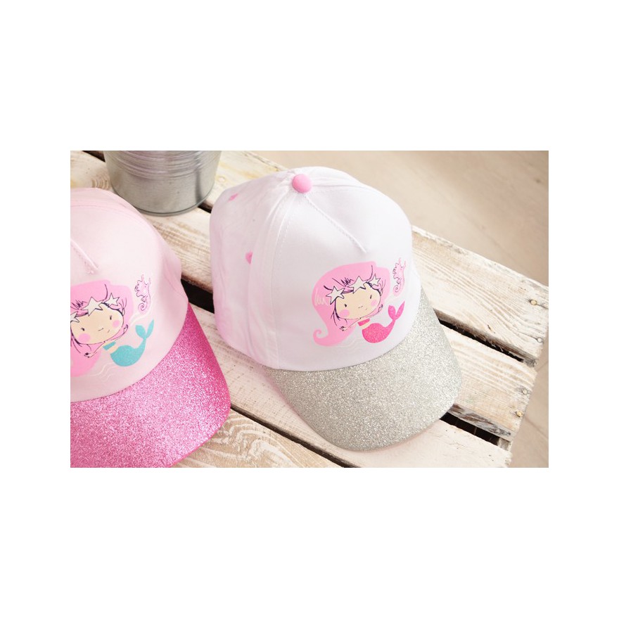 Czapka z brokatowym daszkiem biała bejsbolówka SYRENKA 2-5lat LATO