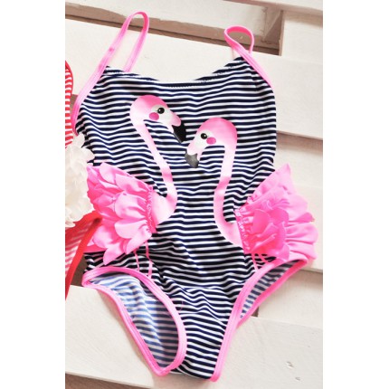 Kostium kąpielowy jednoczęściowy granatowo różowy strój FLAMINGI LATO basen, plaża