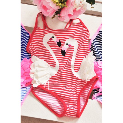 Kostium kąpielowy jednoczęściowy czerwono biały strój FLAMINGI LATO basen, plaża