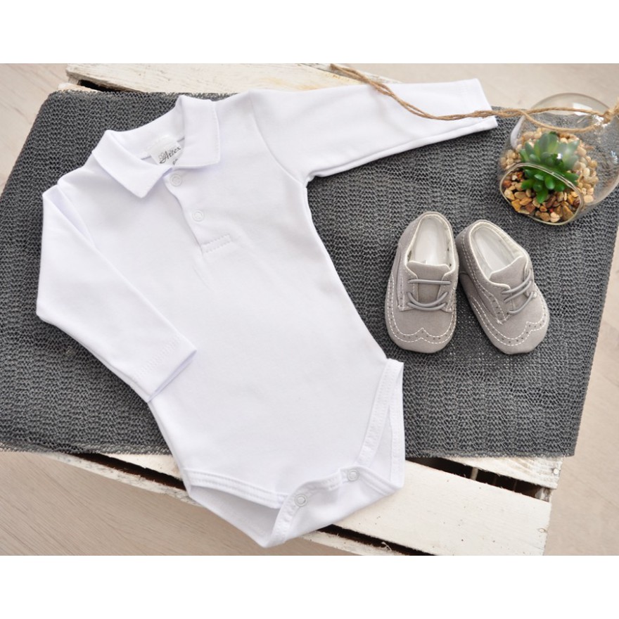 Białe BODY POLO z kołnierzykiem body koszula dł. rękaw CHRZEST