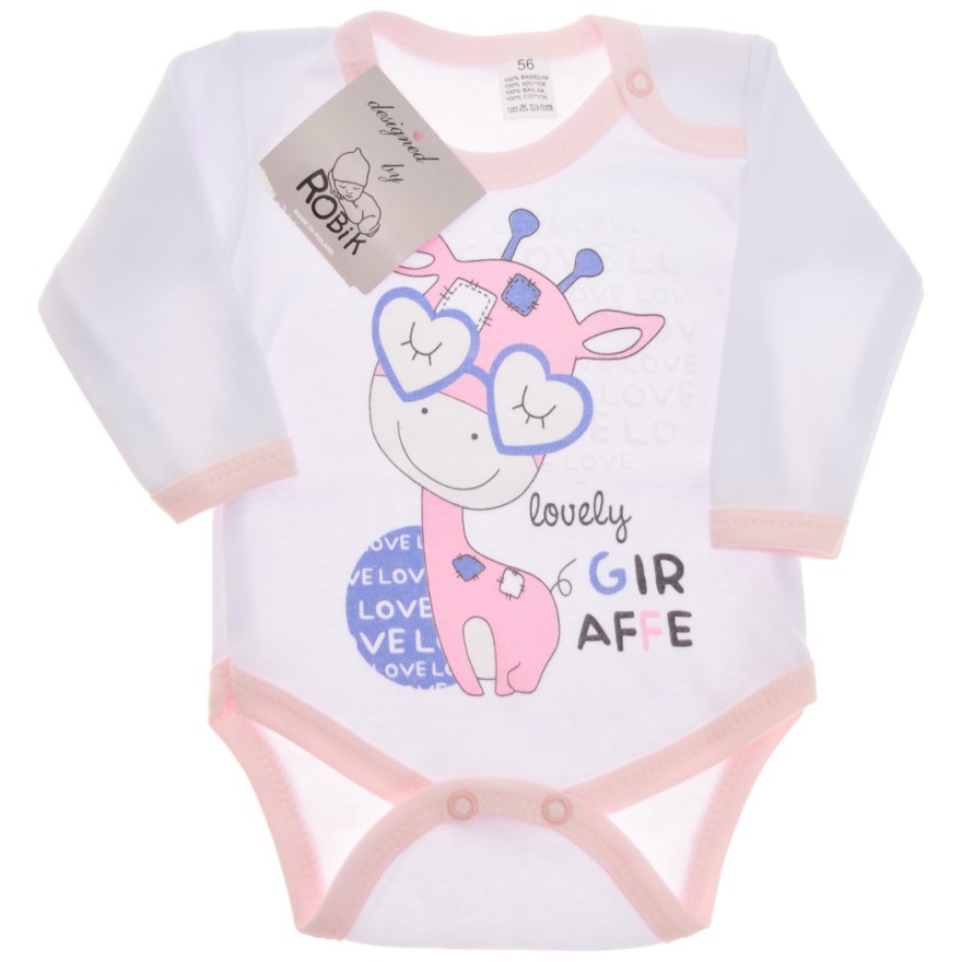 Białe BODY z żyrafą długi rękaw r.56 -110 wzór 590 Białe BODY z żyrafą długi rękaw r.56 -110 wzór 590