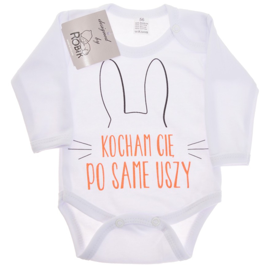 Białe BODY "Kocham Cię po same uszy" długi rękaw r.56 -110 wzór 591 Białe BODY "Kocham Cię po same uszy" długi rękaw r.56 -110 wzór 591