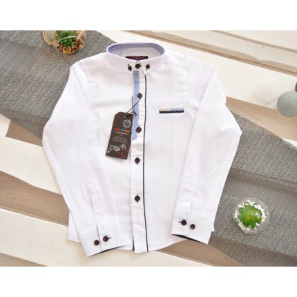 Biała koszula do szkoły długi rękaw r.110-164 elegancka granatowe guziki