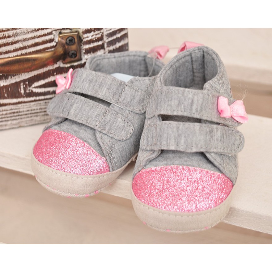 Trampki z brokatem NIECHODKI 0-12M BUCIKI na rzepy szare z różem