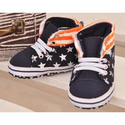 Trampki gwiazdki buty NIECHODKI BUCIKI granatowe z pomarańczowym