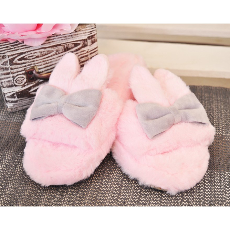 Kapcie KRÓLICZE USZY ciapy ocieplane klapki z kokardą róż z szarym