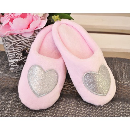 Kapcie BROKATOWE SERCE ciepłe ciapy klapki różowe