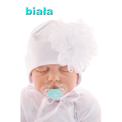 CZAPKA DUŻY KWIAT biała WIOSNA JESIEŃ CHRZEST