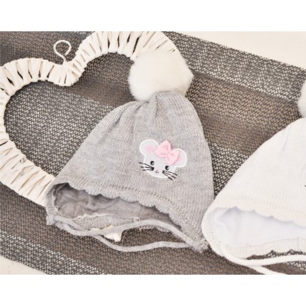 Szara czapka przejściowa z myszką czapeczka dla noworodka jesień/zima 56 62