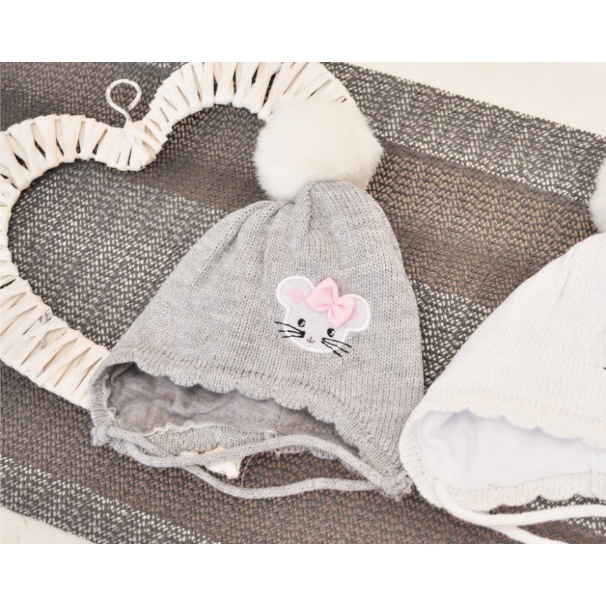 Szara czapka przejściowa z myszką czapeczka dla noworodka jesień/zima 56 62