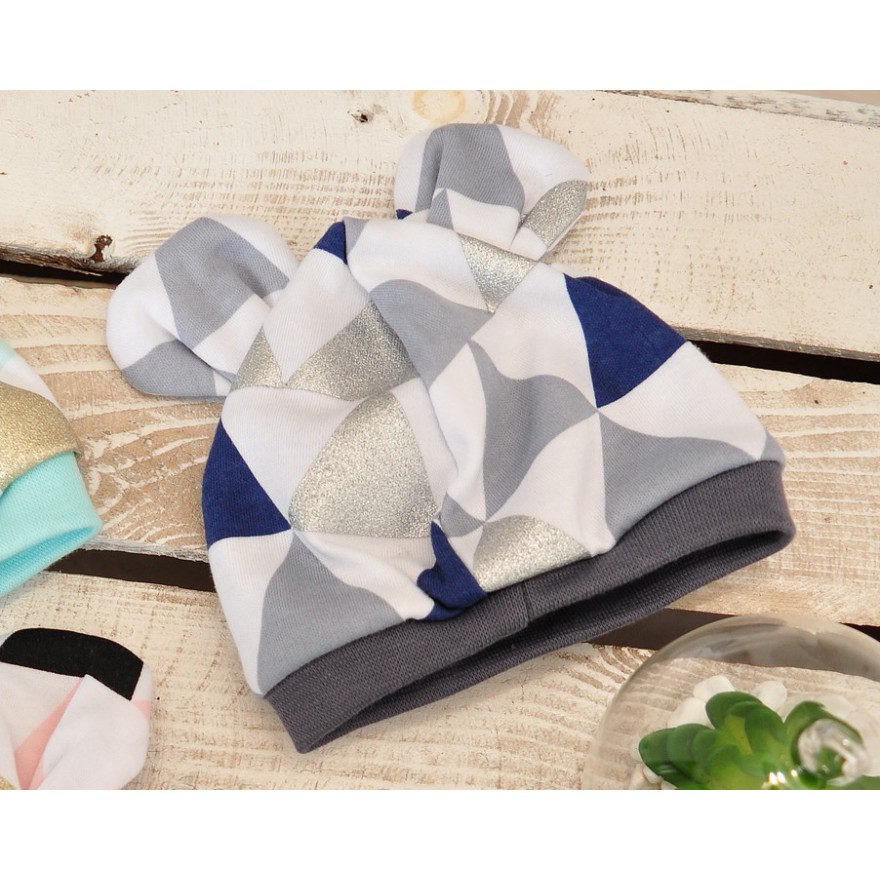 CZAPECZKA dla noworodka SMERFETKA z uszkami trójkąty grafit brokat *1